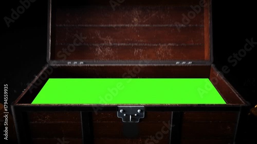 Open Wooden Treasure Chest with Green Screen, Gold Coins Scattered on Dark Surface, Creating Mystery and Adventure in Box Against Brick Wall with Torches
