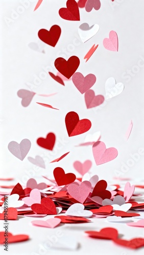 Falling paper hearts in red, pink, and white on bright background. Festive romantic composition symbolizing love, happiness, and Valentine’s Day celebration.