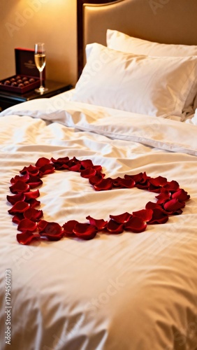 Romantic hotel room with heart made of red rose petals on white bed, champagne glass and chocolates on bedside table. Symbol of love, luxury, and celebration.