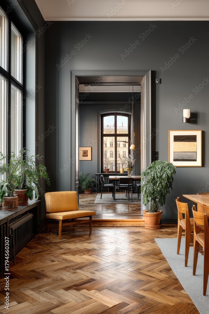 Fototapeta premium Minimalist interior with dark walls, parquet flooring, and lush plants creating an elegant living space