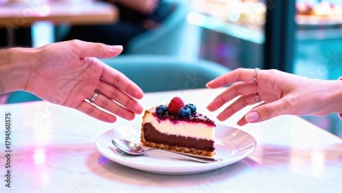 Close-up of two hands reaching for a slice of berry cheesecake in a cozy cafe. Concept of sharing dessert, connection, sweetness, and romantic lifestyle moment