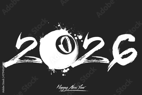 Numbers 2026 and a abstract billiard ball made of blots in grunge style. Design text logo Happy New Year 2026. Template for greeting card, banner, poster. Vector illustration on isolated background