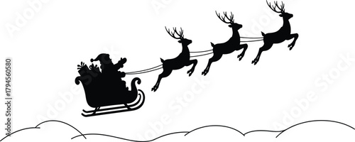 PrintSanta Claus silhouette, flying sleigh, reindeer leap, Christmas vector, holiday scene, giftartwork, Christmas tradition, seasonal illustration, magical ride,