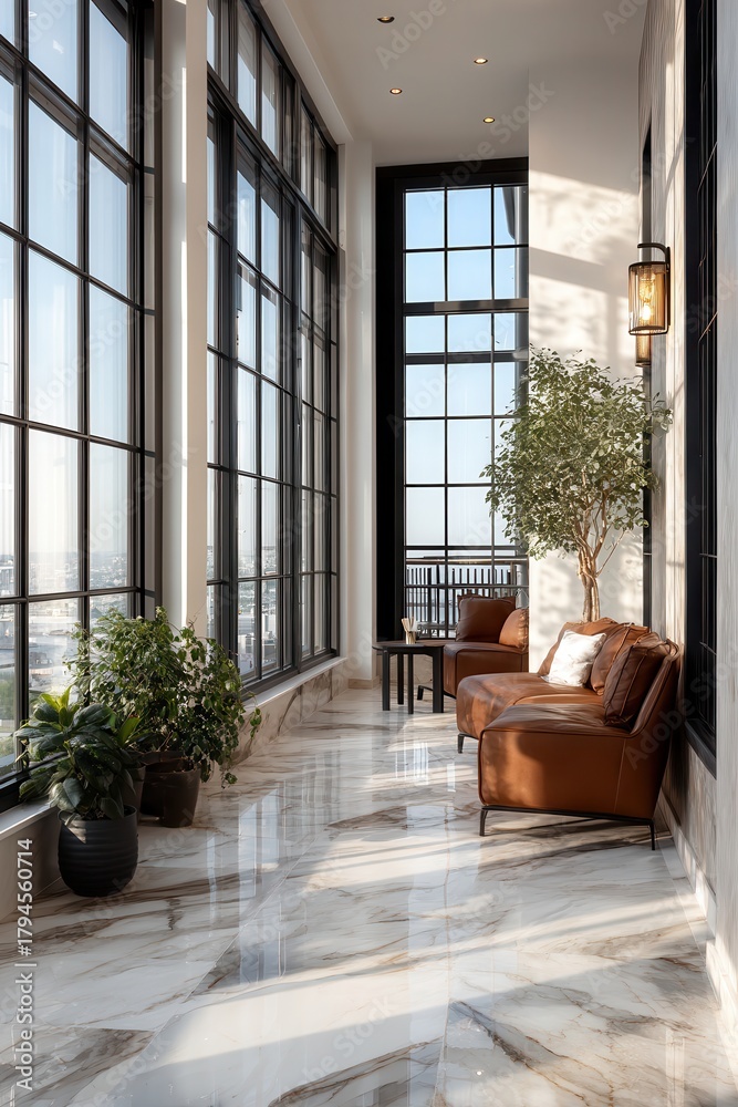 Naklejka premium Modern balcony lounge with floor-to-ceiling windows, brown leather sofa, and city view