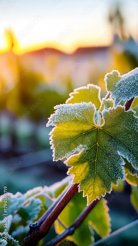 Naklejka premium Close-up of a vine leaf covered in frost during a cold sunrise.