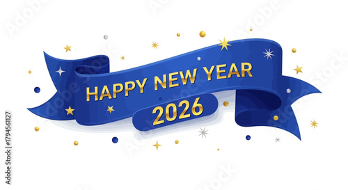 Celebrate the exciting arrival of 2026 with this festive blue ribbon and golden star confetti design, perfect for New Year's greetings and promotions.