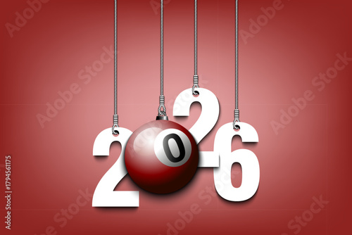 Numbers 2026 and billiard ball as a Christmas decorations are hanging on strings. New Year 2026 are hang on cords. Template design for greeting card. Vector illustration on isolated background