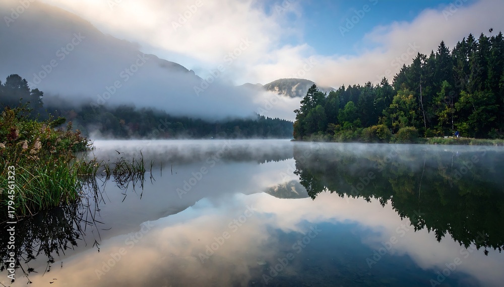 Fototapeta premium Misty lake reflecting trees and sky with low clouds, calming scenery