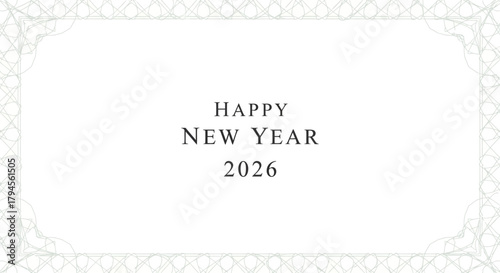 Elegant Happy New Year 2026 greeting with sophisticated ornamental border, perfect for festive season invitations and celebratory designs