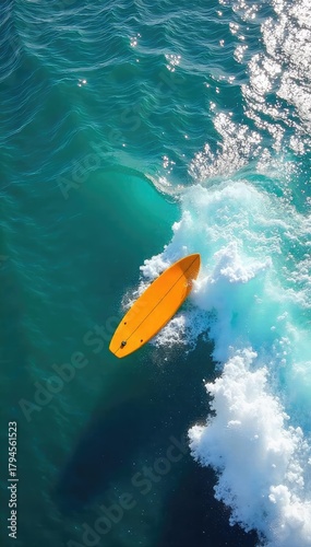 A lone surfboard glides across a vibrant ocean wave, sunlight sparkling on the water's surface Perfect for travel, adventure, and summer themes , sunshine, daylight, calm