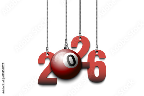 Numbers 2026 and billiard ball as a Christmas decorations are hanging on strings. New Year 2026 are hang on cords. Template design for greeting card. Vector illustration on isolated background