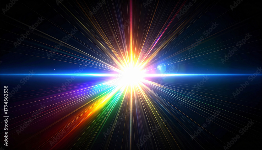 Fototapeta premium まばゆい白い光が虹色の光線となって広がる抽象アート。爆発的な輝きと放射状のエネルギーを表す背景