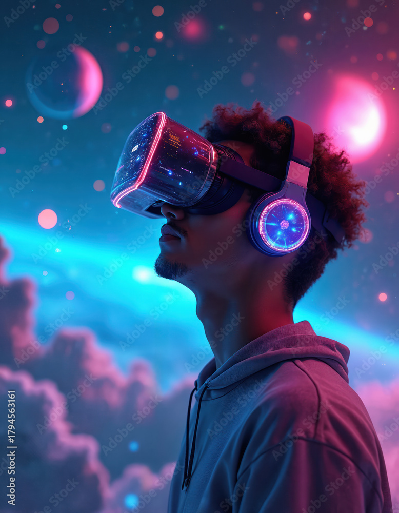 Fototapeta premium Futuristic man immersed in virtual reality. Wears glowing VR headset amidst vibrant nebula backdrop evoking space exploration, digital immersion. Scene highlights advanced tech, metaverse concept,