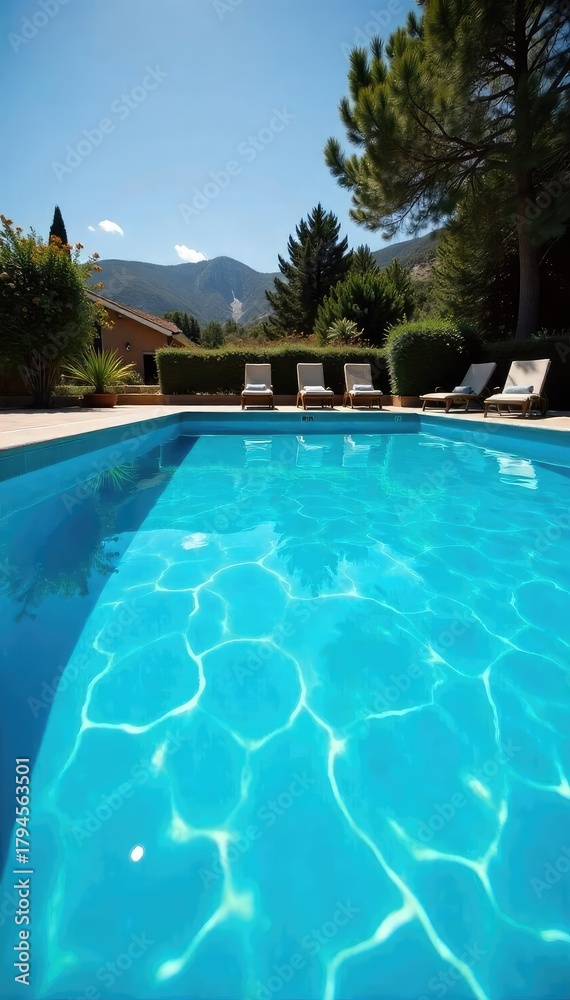 Fototapeta premium A sparkling blue swimming pool on a sunny summer day, inviting and refreshing Perfect for relaxation and summer fun The water shimmers under the bright sun , backyard pool, resort