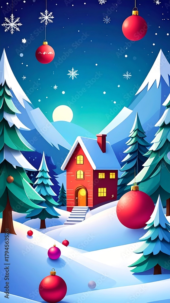 Naklejka premium A cozy winter scene depicts a snow-covered landscape with a red house, mountains, evergreen trees, and hanging ornaments under the starry sky