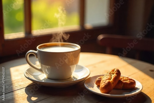 A steaming cappuccino in a ceramic mug sits on a rustic wooden table next to a small plate of biscotti, bathed in warm, inviting sunlight Perfect for a relaxing coffee break , work, lifestyle