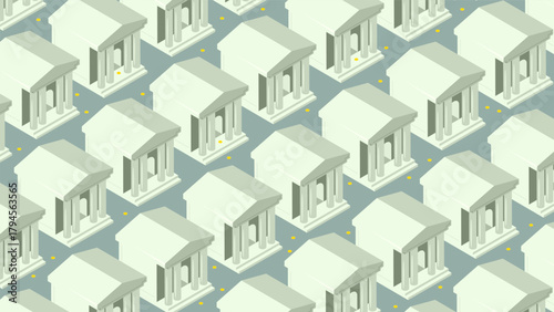 Isometric street of banks and financial institutions. 3D vector background top view at an angle