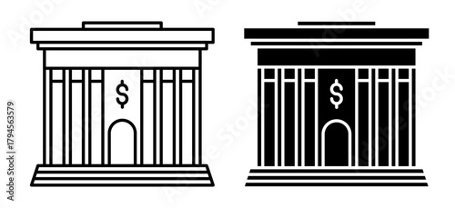 Linear icon. Facade of a bank building with columns and a central entrance. Simple vector isolated on white background