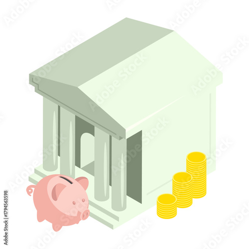 Isometric piggy bank stands at the entrance to a toy bank building for making a deposit. Isolated cartoon vector on white background top view