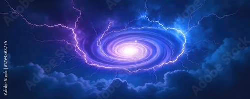 A swirling vortex of luminous blue and purple lightning, crackling with energy against a dark, stormy sky Powerful, ethereal, and awe-inspiring natural phenomenon , cosmic, tempest, ionosphere