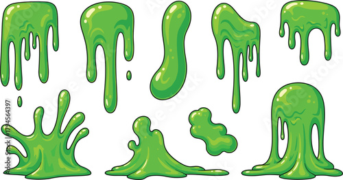 Illustration of set of green slime drips collection of dripping mucus, goo or liquid paint cartoon vector illustration of toxic ooze blobs