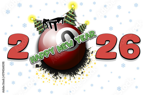 Happy new year. 2026 with billiard ball, Christmas trees, billiard player and fans. Original template design for greeting card, banner, poster. Vector illustration on isolated background