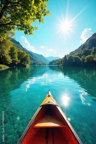 A vibrant summer scene featuring a canoe gliding peacefully across a calm lake under a bright sunny sky Perfect for travel, adventure, and relaxation themes , exploration, calm, waterscape
