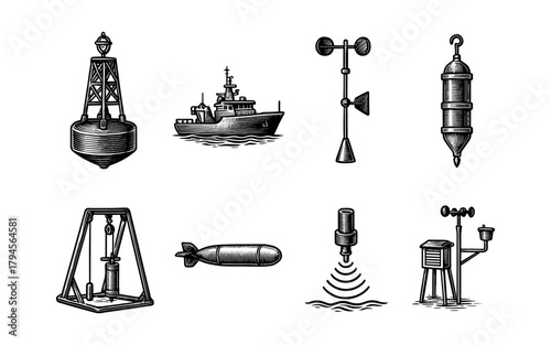 Maritime exploration and measurement devices collection in vintage engraving style
