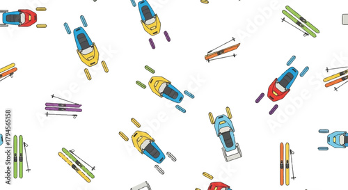 Seamless Pattern of Winter Sports Equipment: Skis, Snowmobiles, and Bobsleds on White