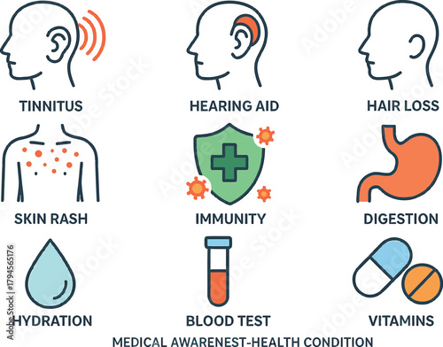 Medical awareness icons depicting health conditions including hearing loss skin rash and digestion flat vector design for healthcare and wellness websites