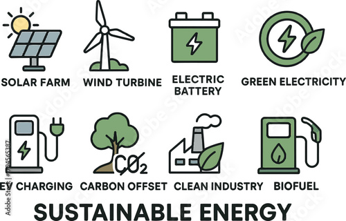 Sustainable energy vector icons featuring solar farms wind turbines and electric batteries for clean industry and biofuel concepts