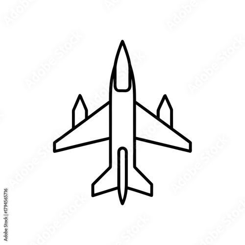 Simple outline drawing of a fighter jet airplane on transparent background silhouette