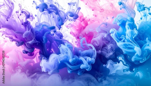 Swirls of pink, purple and blue ink blend in a fluid dance against a white background. Ethereal, soft, and dreamy