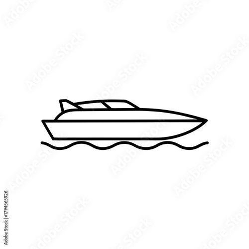 Outline drawing of a motorboat on wavy water surface on transparent background silhouette