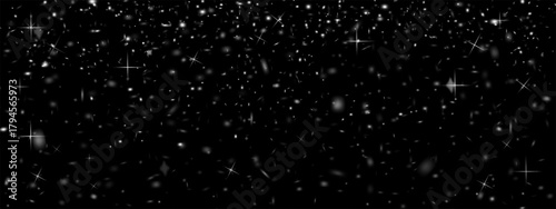 Dark sparkling background with glowing white stars and shiny particles.Vector for magical, Festive,Luxury,Night themed designs in advertising,Presentations,Digital creative projects