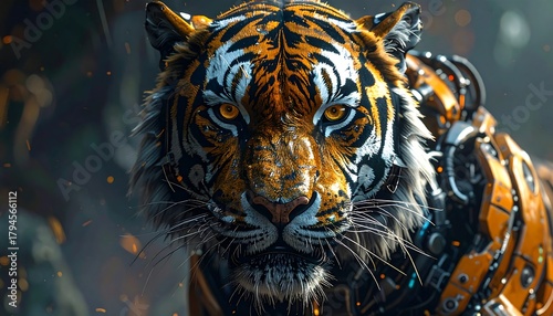 Tiger headshot with cyborg elements, intense stare, warm orange tones, tech details, and blurred nature backdrop