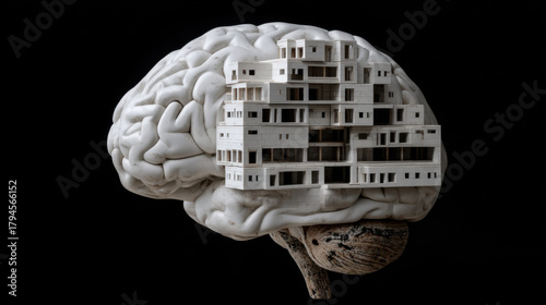 White Architectural Structure on Brain Model with Abstract Design