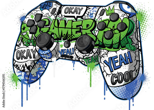 Illustration of a graffitistyle game controller with vibrant green and blue accents, adorned with words like gamer, okay, and yeah cool, set against a stark
