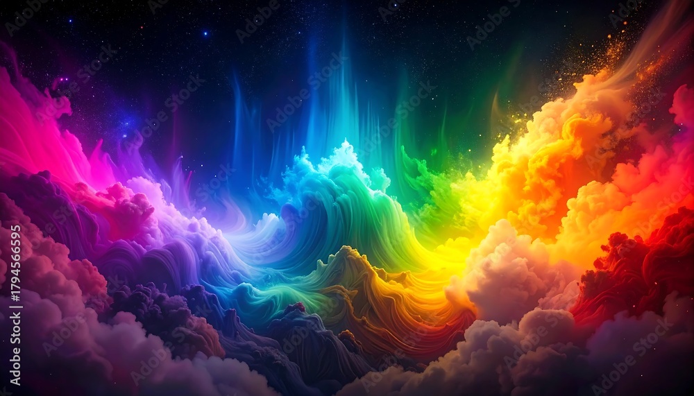 Naklejka premium Vibrant, painterly sky filled with bright, cloud-like formations in a rainbow spectrum against a dark, starry background