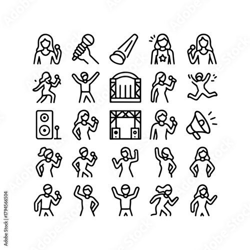 Collection of hand drawn music concert and performance icons