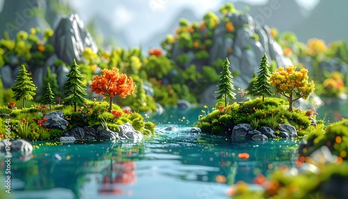 Vibrant landscape with small islands, lush greenery, and serene water reflecting sky and mountains in the distance