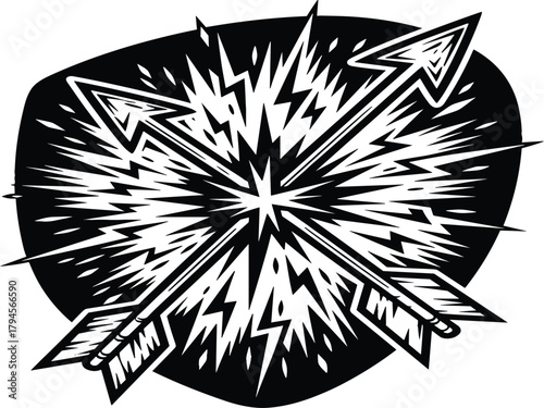 Abstract Energy Shield ExplaCrossed Arrows Impact Collision Vintage Woodcut Vector Illustrationosion Impact Vector Illustration