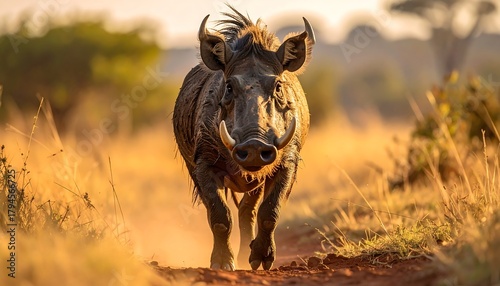 Warthog walking down a dirt path in golden light, foliage and trees blurring in the background