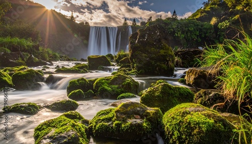 Waterfall cascades amid lush greenery, sunbeams break through clouds. Flowing river with mossy rocks in foreground