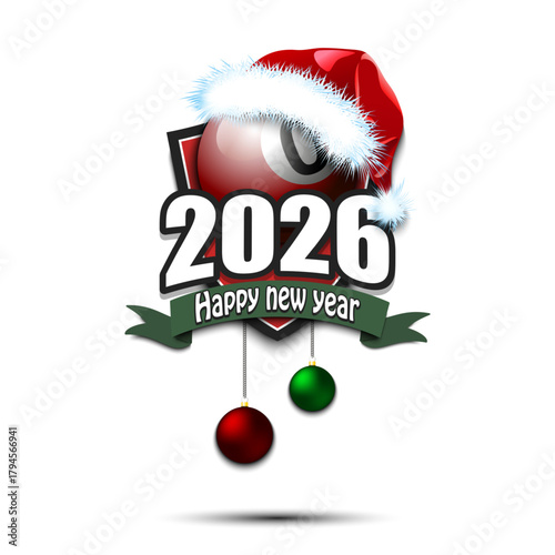 Happy new year 2026. Billiard logo template design. Billiard ball in santa hat. Design pattern for greeting card, banner, poster. Vector illustration on isolated background