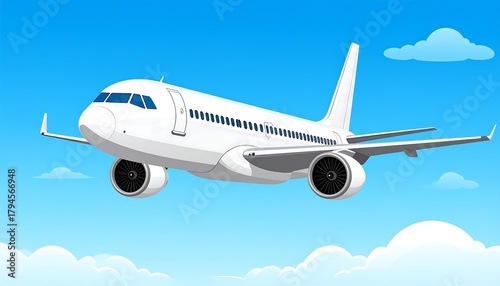 White passenger airplane flying in a bright blue sky with white fluffy clouds, shown in a cartoon style