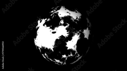 Black and white abstract sphere motion, dynamic liquid texture planet animation with high contrast flowing patterns