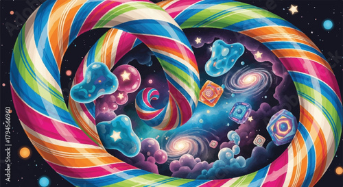 Close-up of a Striped Candy Cane Interacting with Cosmic Galaxy and Stars