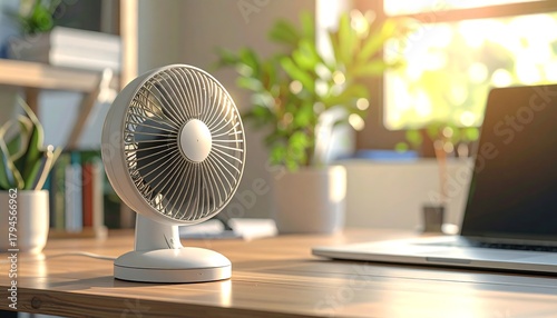White fan stands on a wood desk, near a laptop and potted plant; sunshine is visible through a window