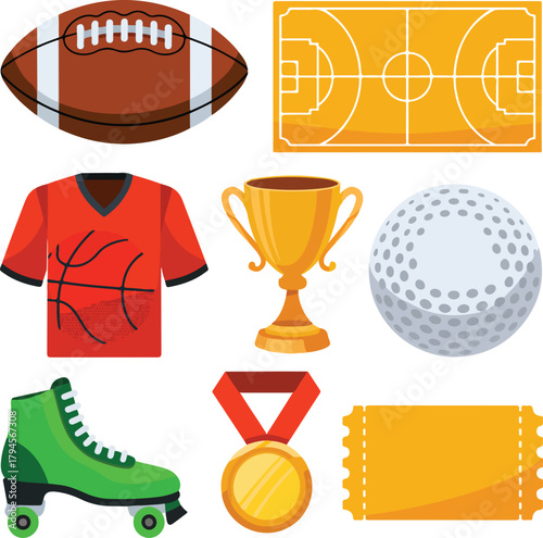 Vector collection of various sports equipment and game fields for athletic activities